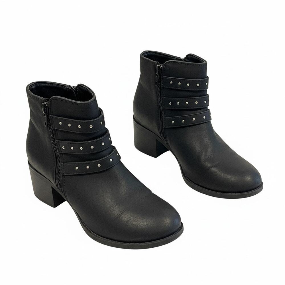 Born Crown Girls Black Studded Ankle Boots Size 3 Triple Buckle Side Zip